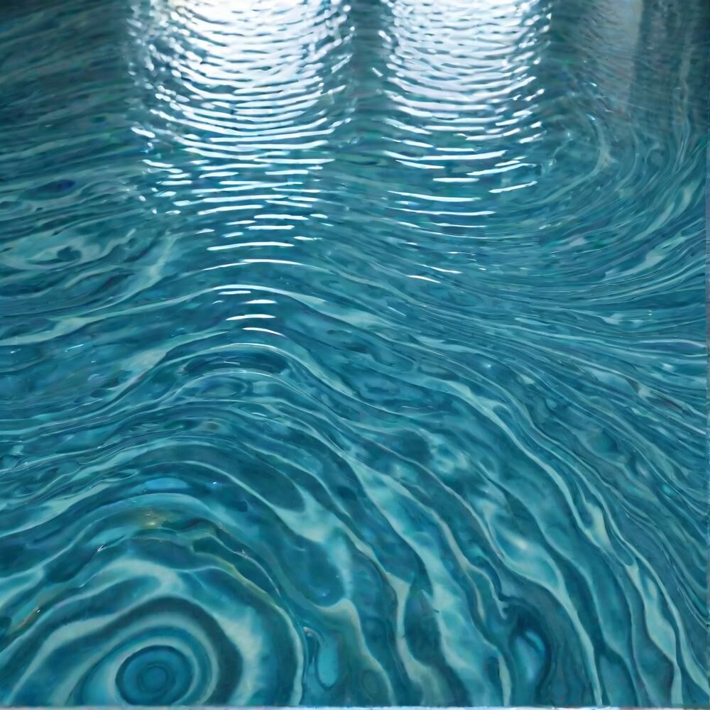 Blue-green metallic epoxy worked into fine ripples that read like shallow water.