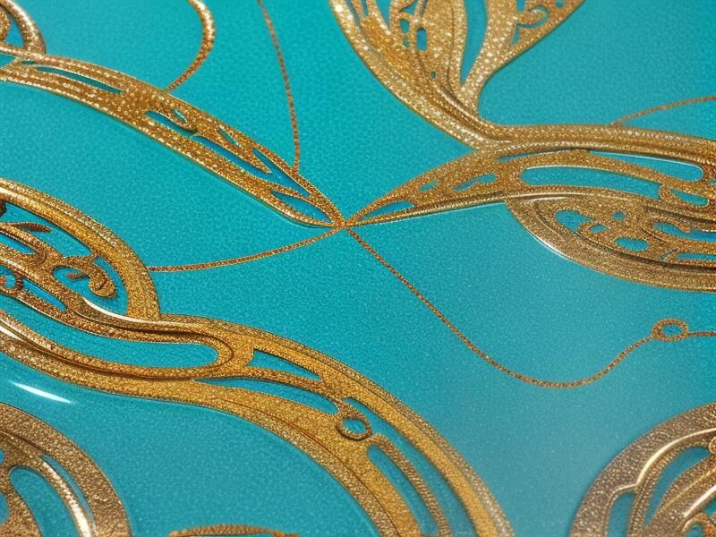 Teal epoxy surface with raised gold ornamental linework poured by hand.