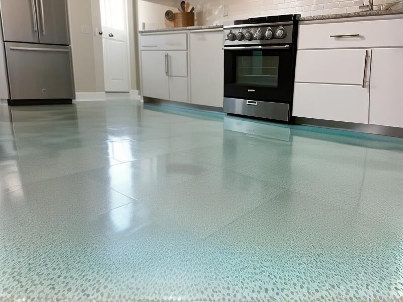 Pale seafoam flake epoxy floor in a residential kitchen, running beneath white cabinets and a range.