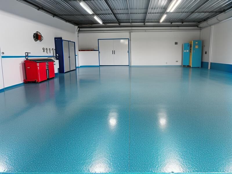 A wide blue epoxy floor in a commercial garage, with red tool chests and storage cabinets along the walls.