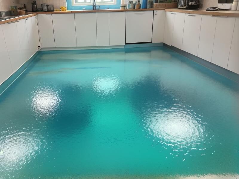 Deep teal metallic epoxy poured across a kitchen floor, with soft light pooling in the gloss.