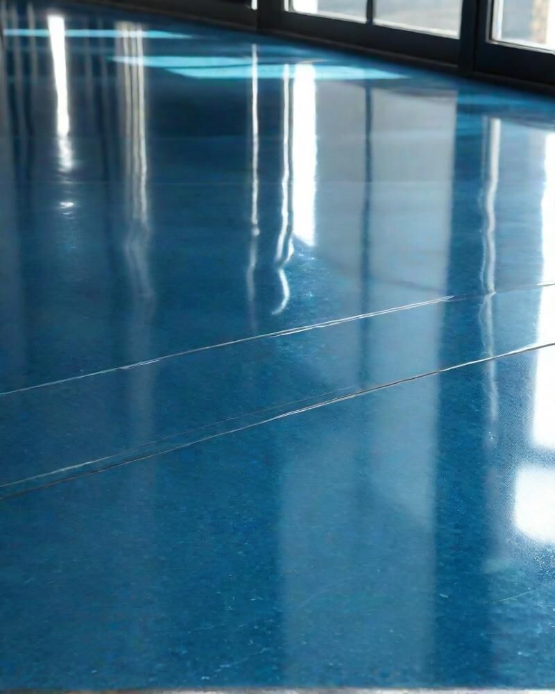 A deep blue high-gloss epoxy floor running the length of an industrial space, mirroring a wall of windows.