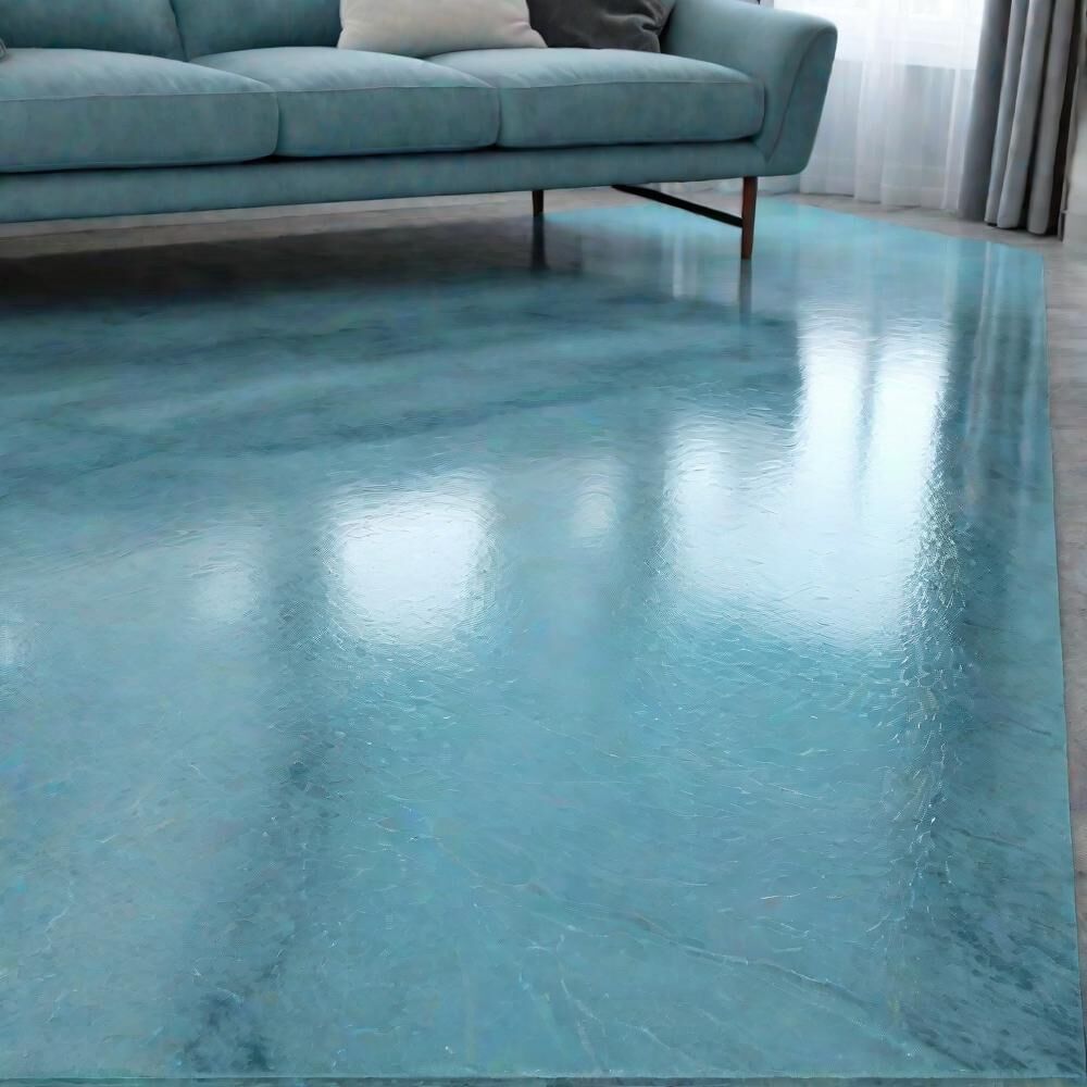 A living room floor finished in teal metallic epoxy, glossy enough to reflect the sofa above it.