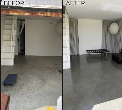 Side-by-side before and after: a stained, patched concrete garage floor beside the same room finished in smooth gray resin and furnished as a living space.