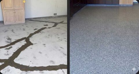 Before and after: a badly cracked interior slab with a wide repaired seam, beside the same floor coated in even gray flake.