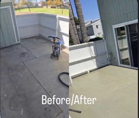 Before and after of an outdoor patio deck: weathered stained concrete, then the same deck resurfaced in a clean sand tone.