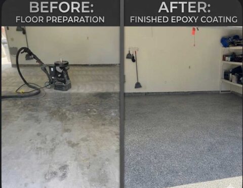 Labelled before and after: a garage floor being prepped with a grinder, beside the same garage finished in speckled flake epoxy.