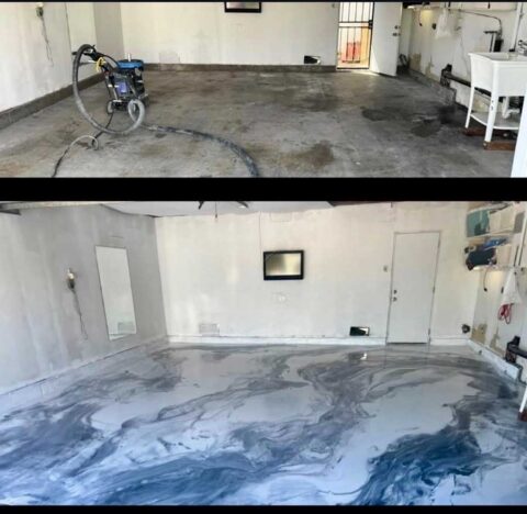 Two photos of the same garage: above, a bare stained slab with a grinding machine mid-prep; below, the finished floor in a blue and white metallic swirl.