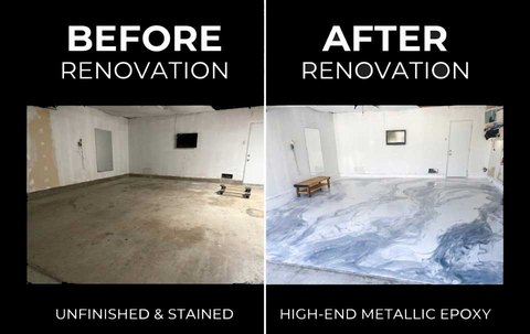 Before and after of a garage interior: unfinished stained concrete on the left, high-end gray metallic epoxy on the right.